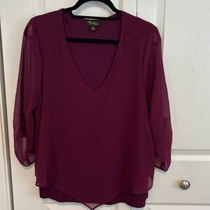 Long Sleeve V Neck Burgundy blouse with sheer sleeves Size Large